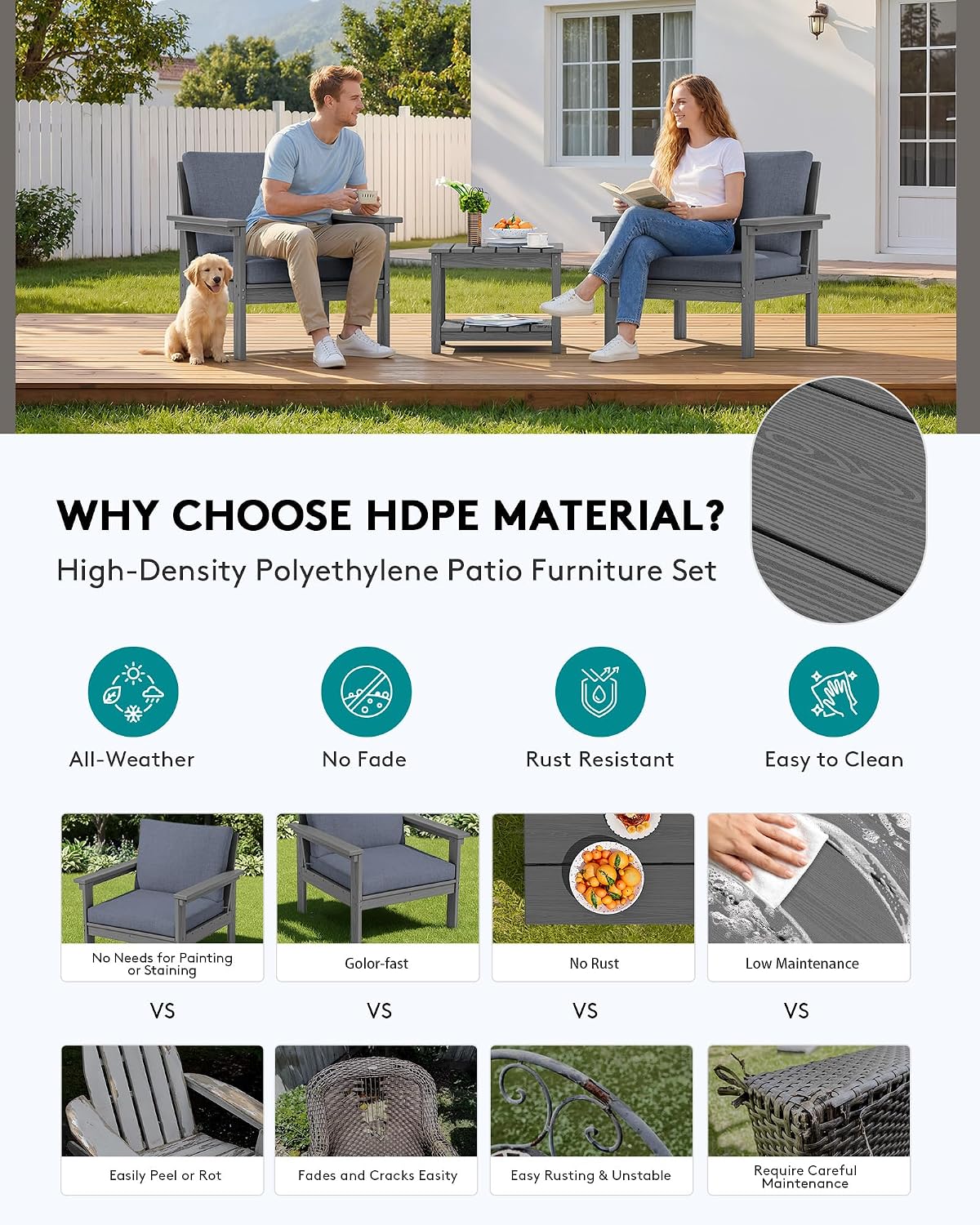 SERWALL HDPE Patio Sofa Set, 3-piece Sectional Outdoor Furniture Set, All Weather Outdoor Couch Set Patio Furniture Set for Deck, Lawn, Grey Frame with Grey Cushion