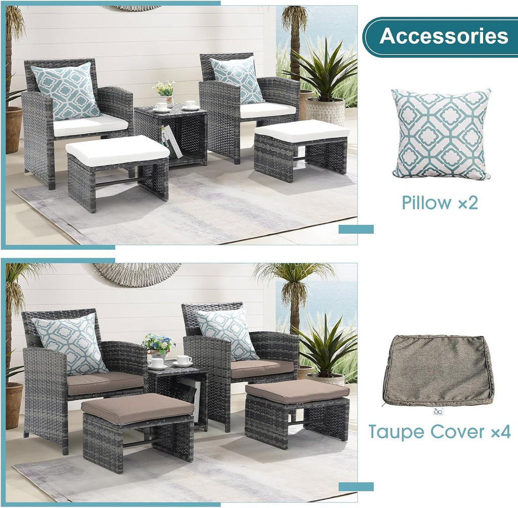 OC Orange-Casual 5 Piece Patio Furniture Set, Wicker Outdoor Conversation Chair and Ottoman Set with Coffee Table, Pillows Included, for Balcony, Porch, Deck, White