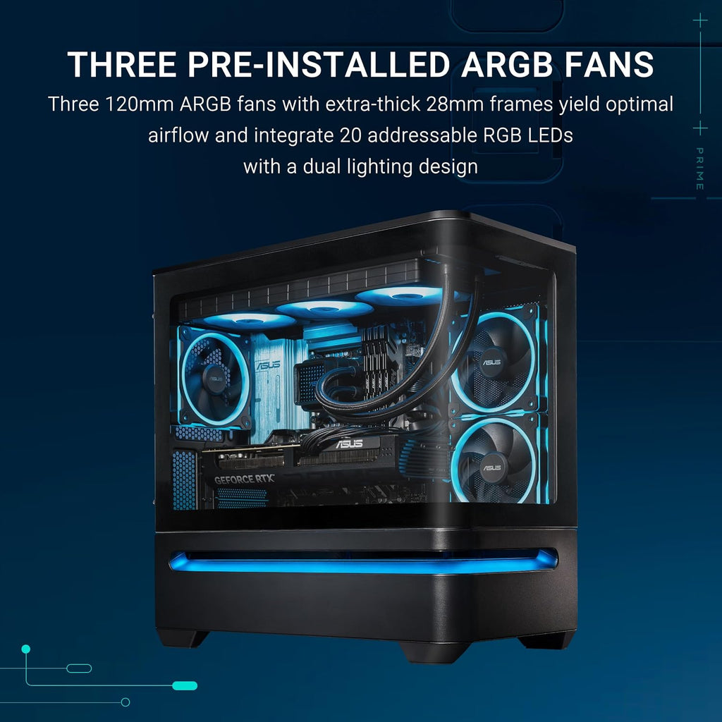ASUS Prime AP202 ARGB Black mATX pc case with Fully Tempered Curved Glass, Supports Graphics Cards up to 420mm Long, 360mm Long radiators, Easy-Detach Rail, Patented Slot Vent, 3 Built-in ARGB Fans