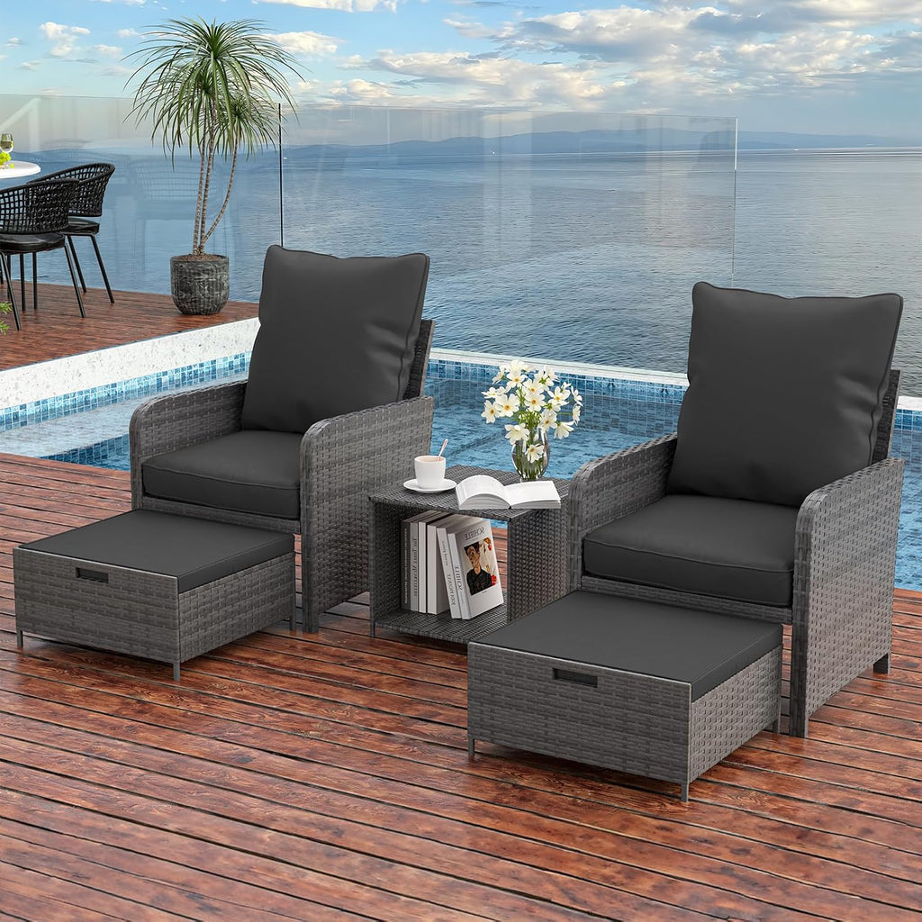 UDPATIO Wicker Patio Chairs with Ottoman Balcony Furniture 5 Pieces Patio Conversation Set with Pull Out Ottoman for Small Space