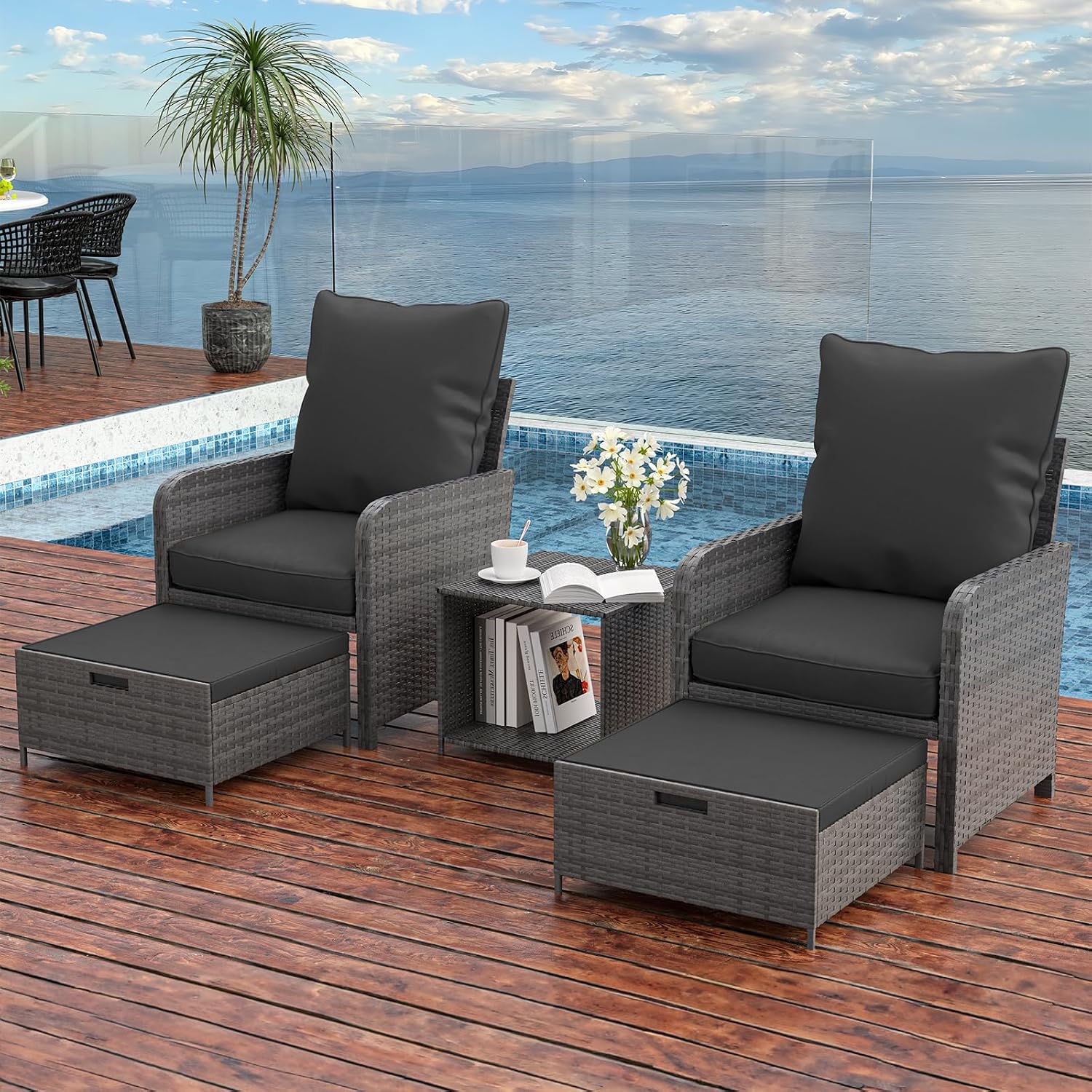 UDPATIO Wicker Patio Chairs with Ottoman Balcony Furniture 5 Pieces Patio Conversation Set with Pull Out Ottoman for Small Space