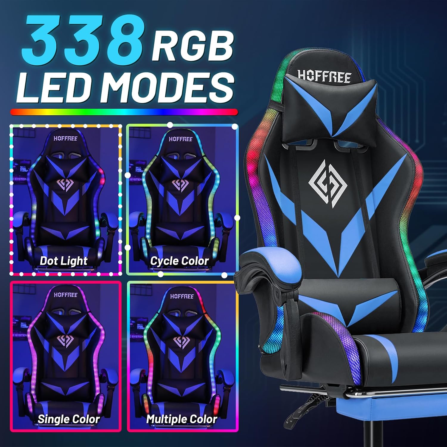 HOFFREE RGB Gaming Chair with Speakers and Massage Ergonomic Computer Chair with Lights and Footrest Reclining Video Game Chairs for Adults Blue and Black