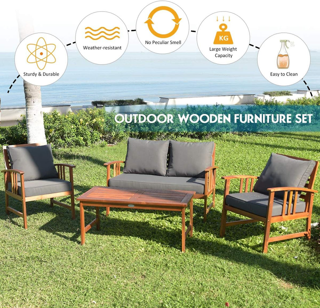 Tangkula 4 Pieces Acacia Wood Patio Furniture Set, Outdoor Seating Chat Set with Gray Cushions & Back Pillow, Conversation Set with Coffee Table, Ideal for Garden, Backyard, Poolside
