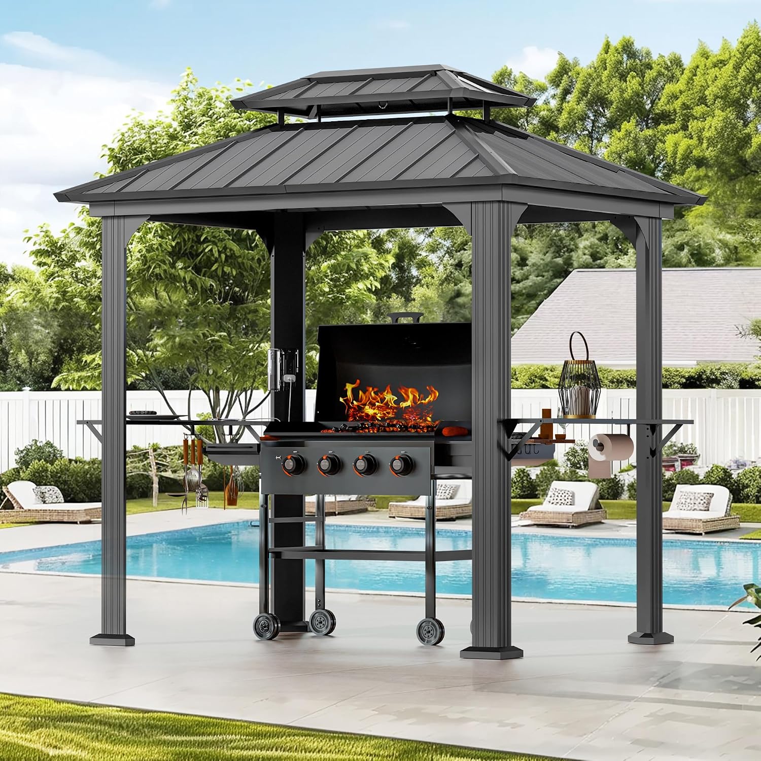Modern Shade 6' X 8' Grill Gazebo, Aluminum Hardtop BBQ Gazebos with Shelves and Ceiling Hook, Outdoor Grill Gazebo with Galvanized Steel Roof, Extra-Wide Column Design, Grill Canopy for Patio, Black