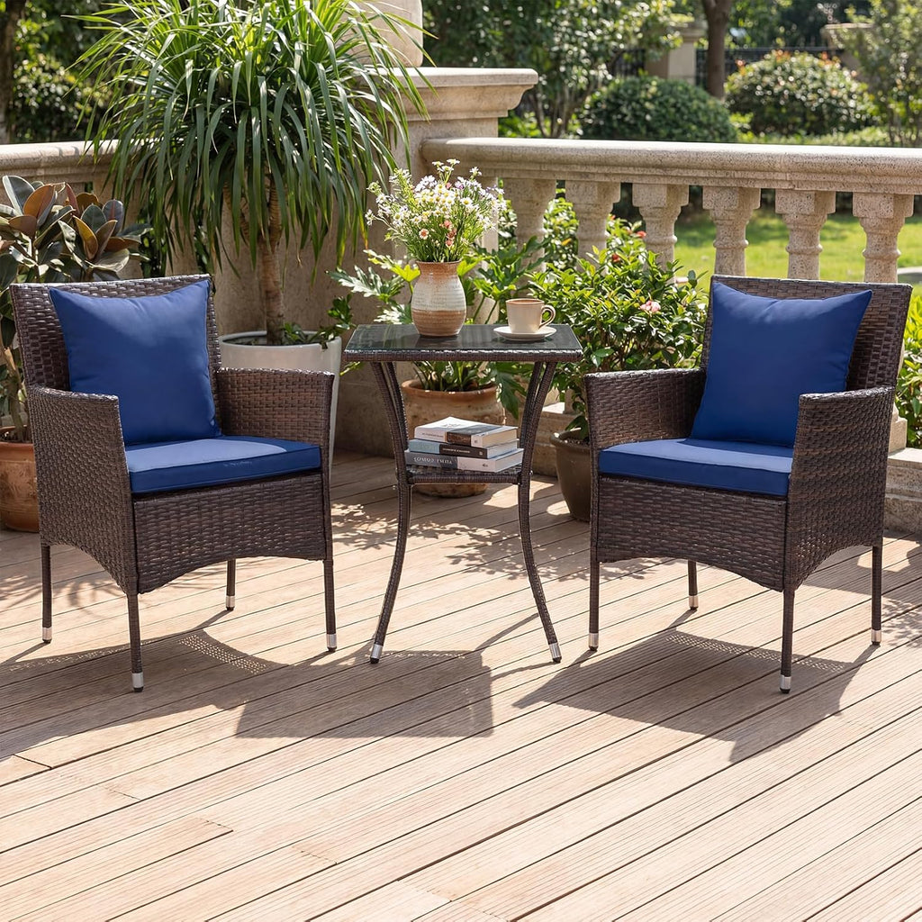Tangkula 3 Pieces Patio Wicker Bistro Set, 2 Rattan Chairs w/ 2-Tier Tempered Glass Table, Outdoor Conversation Furniture Set with Cushions for Backyard, Porch, Poolside (Mix Brown+Navy)