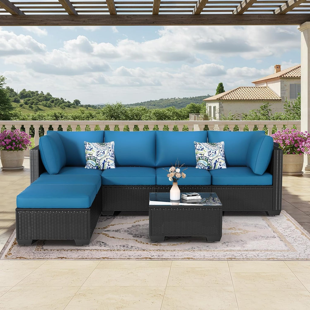 U-MAX 8 Piece Outdoor Patio Furniture Set, PE Rattan Outdoor Wicker Sectional Furniture Chair Set with Cushions and Tea Table, Black Rattan and Peacock Blue Cushion (with Cover)