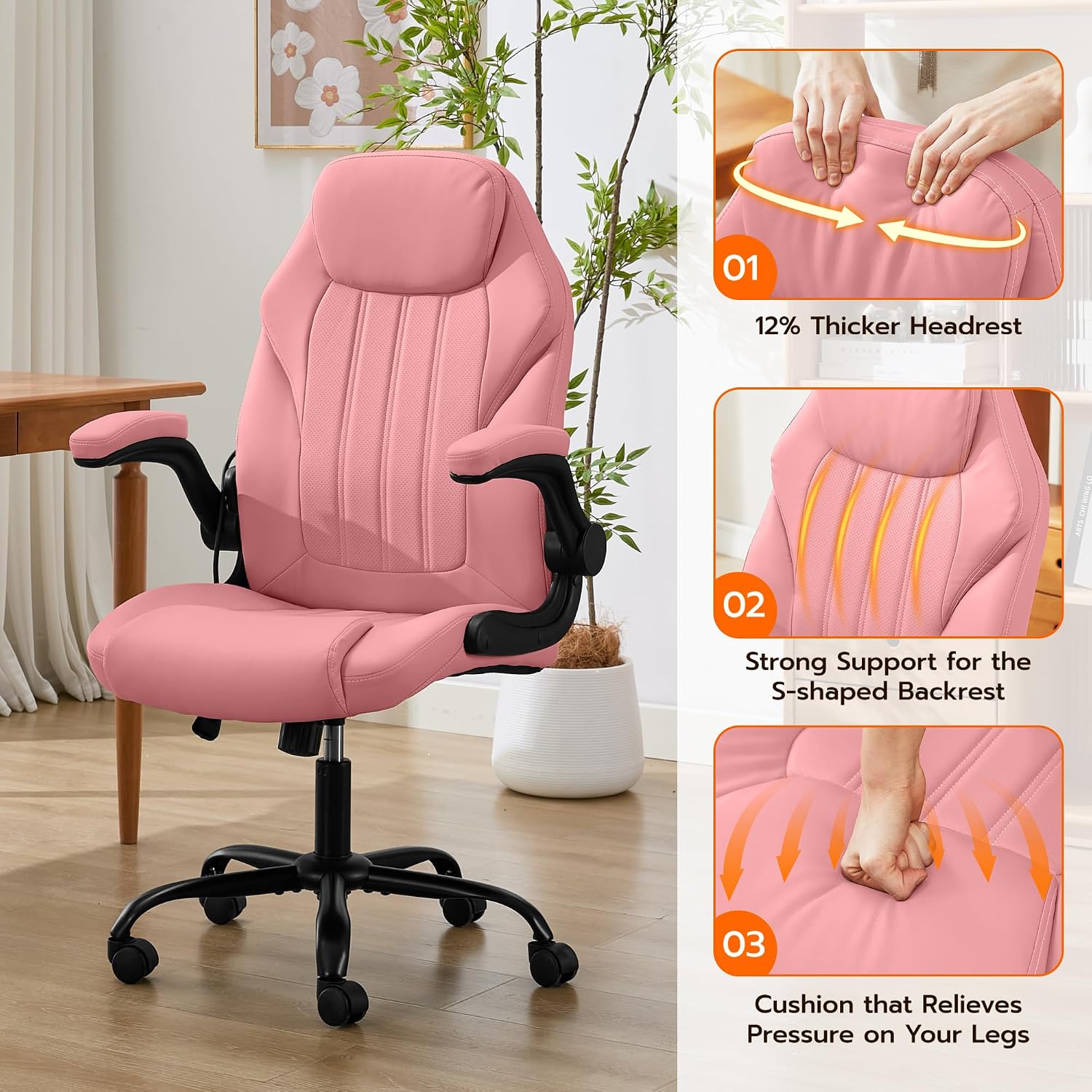 Ylzyxal Office Desk Chair, Ergonomic Computer Chair with Padded Flip-Up Arms and Adjustable Lumbar Support, PU Leather Executive Chair with Tilt Lock and 360° Swivel Rolling Wheels for Work, Study