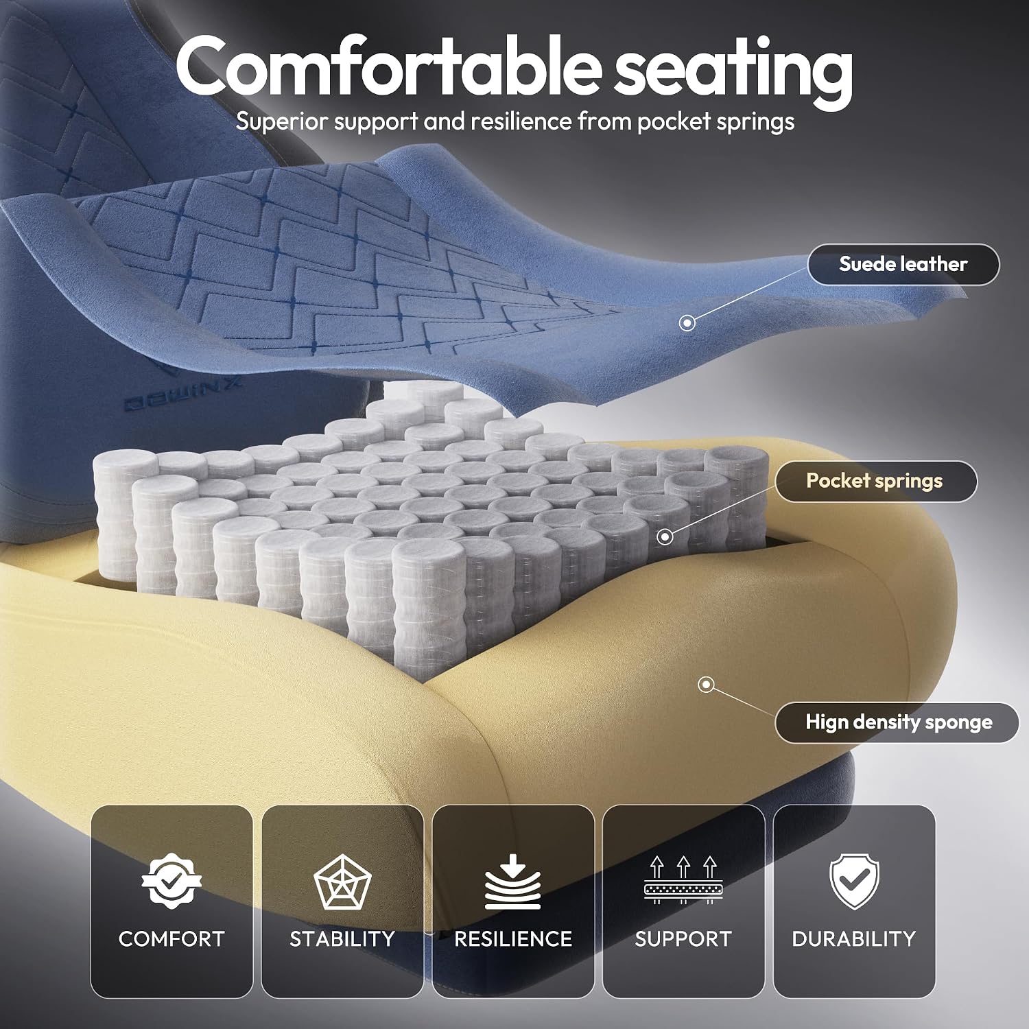 Dowinx Gaming Chair with Heated Massage Lumbar Support,Big and Tall Fabric Gaming Chairs for Adults with Footrest, Ergonomic Computer Game Chair with Poket Spring Cushions, 350lbs, Blue