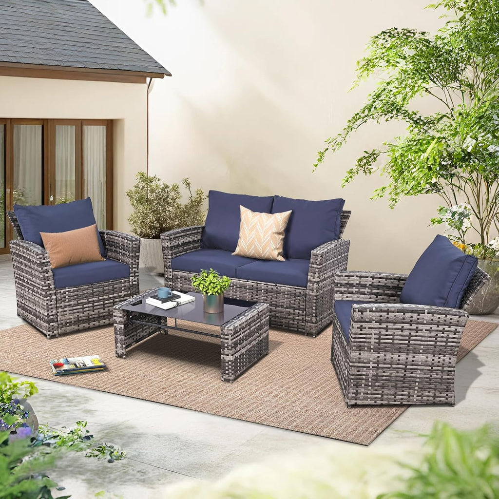 FHFO 4 Piece Patio Furniture Set, Wicker Outdoor Conversation Furniture Set, All Weather Patio Sofa Couch with Cushion & Glass Table, Grey/Blue