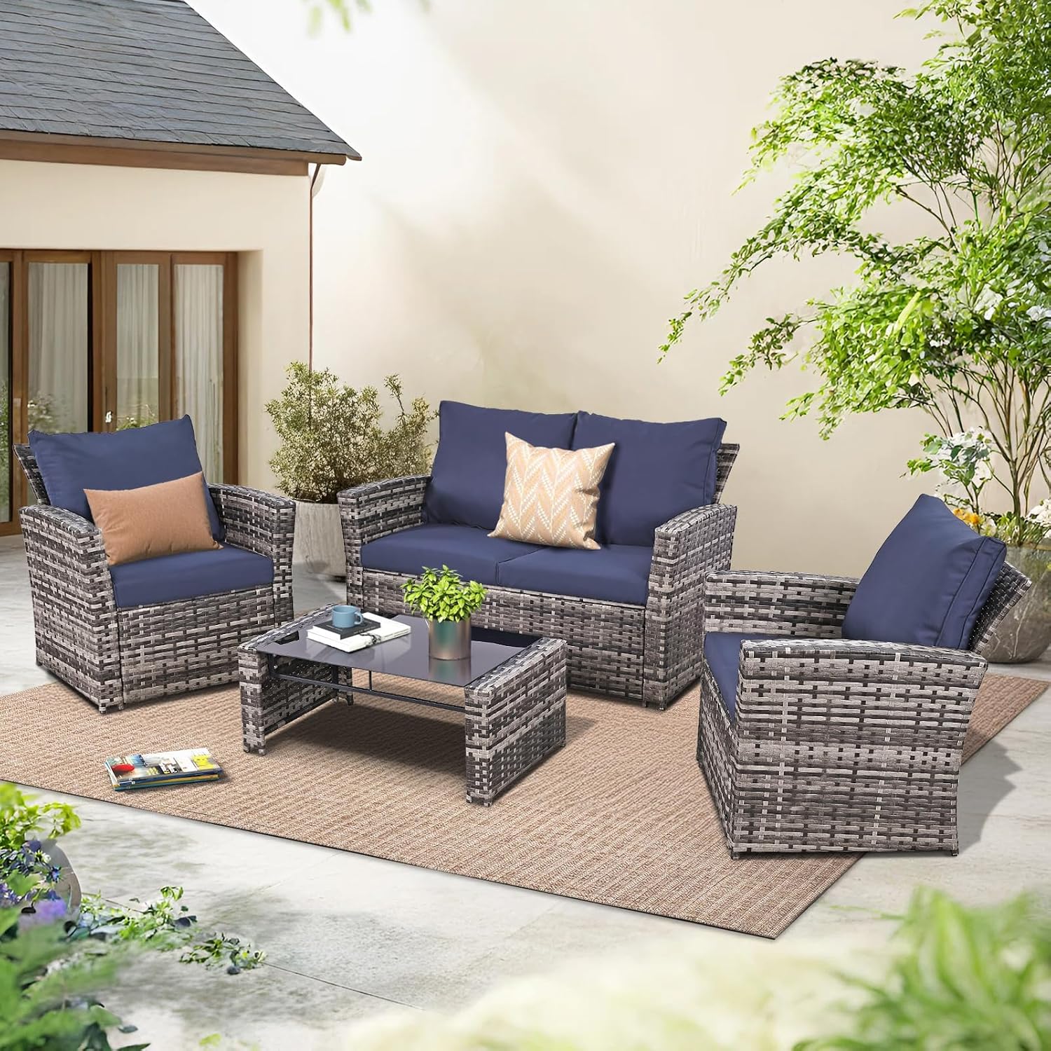 FHFO 4 Piece Patio Furniture Set, Wicker Outdoor Conversation Furniture Set, All Weather Patio Sofa Couch with Cushion & Glass Table, Grey/Blue