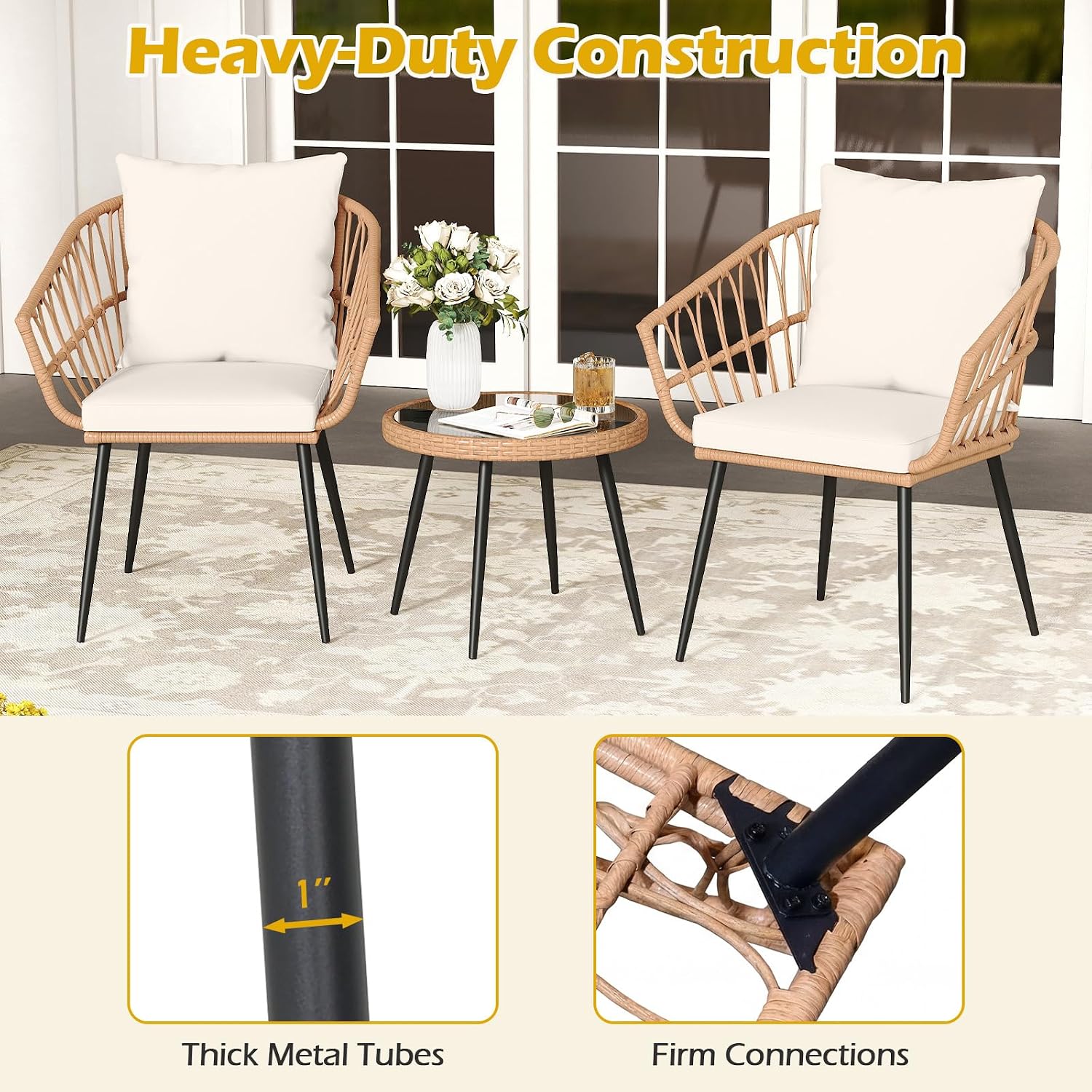 Tangkula 3 Piece Patio Bistro Set, PE Rattan Conversation Chairs with Round Glass Table & Soft Cushions, Outdoor Patio Furniture Set with Metal Frame for Balcony, Garden (Off White, 16.5 × 15.5 Inch)