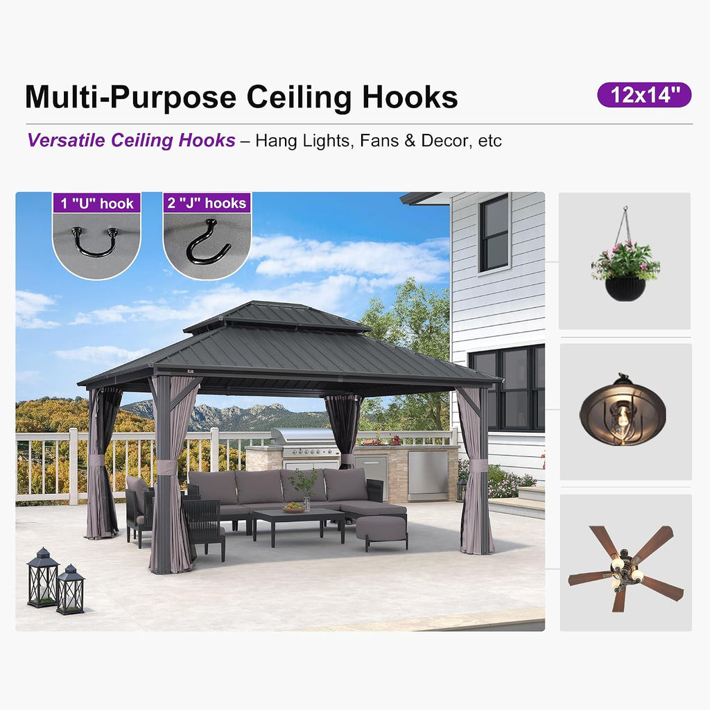 PURPLE LEAF 12' X 14' Hardtop Gazebo Patio Hardtop Gazebo with Heavy Duty Galvanized Steel Double Roof for Patio Lawn Garden, Netting and Curtains Included, Grey