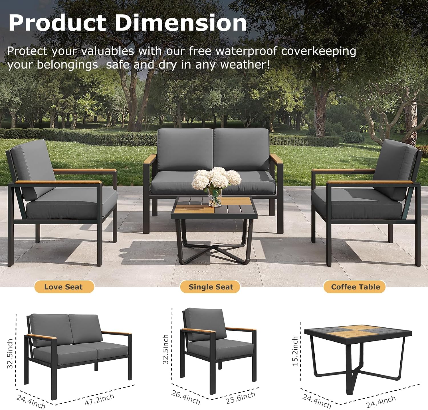4-Piece Outdoor Patio Furniture Set, Metal Conversation Sofa Set with Deep Cushions & Wood-Like Armrests, Modern Patio Seating with Coffee Table for Garden, Porch, Balcony, Backyard (Black)