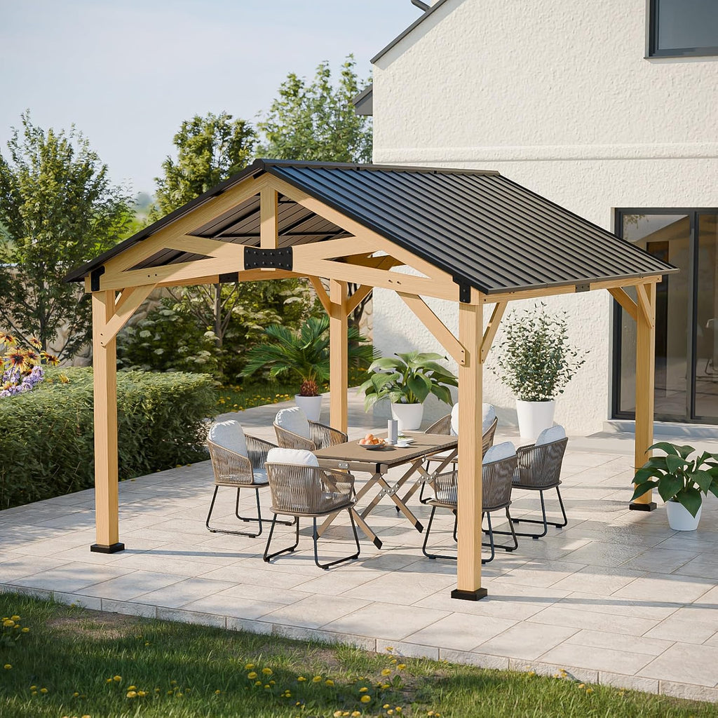 EAGLE PEAK 11x13 Hardtop Gazebo, Exposed Beam Rustic Gazebo, Galvanized Steel Gable Roof with Cedar Wood Frame, Outdoor Pavilion for Patio, Deck, Lawn and Garden Natural Wood/Black