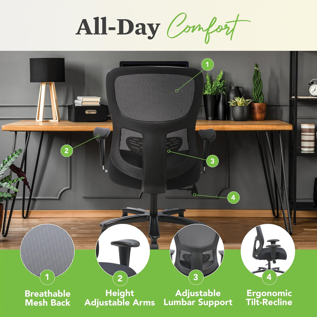 HON Sadie Big and Tall Office Chair, Ergonomic Desk Chair with Mesh Back, Lumbar Support, 350 lb Max, Black
