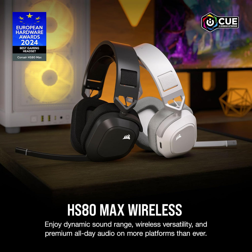 Corsair HS80 MAX Wireless 2.4GHz Bluetooth Gaming Headset – Low Latency, Dolby Atmos, SonarWorks SoundID, Broadcast Quality Microphone, High Battery Life – PC, Mac, PS5, PS4, Mobile – White