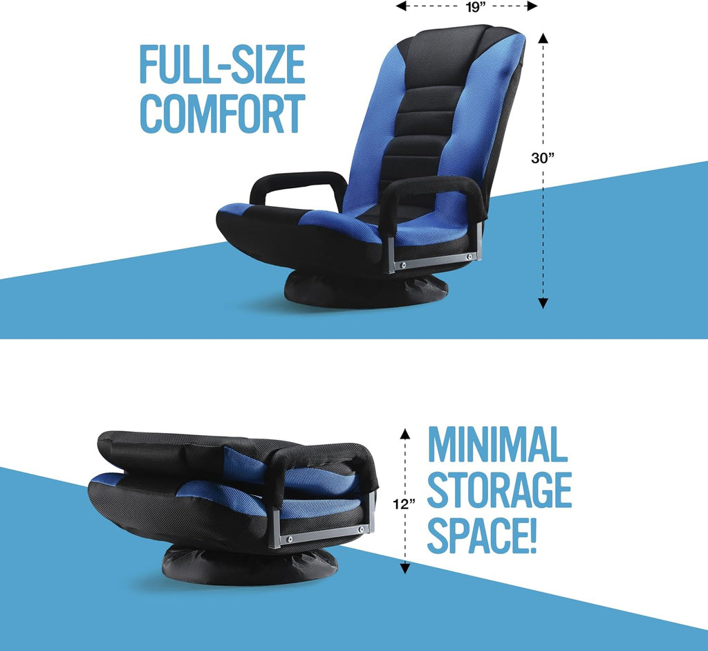 Maple99 Swivel Floor Gaming Chair - Video Lounger Enjoy 6 Different Positions, Adjustable Backrest, Removable Arm Rests, Folds to Store, Stylish Blue with Black Center Stripe