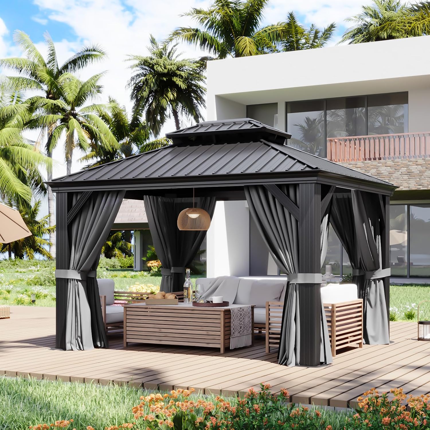 Aoxun 10' X 12' Hardtop Gazebo with Drainage System, Aluminum Outdoor Gazebo with Galvanized Steel Double Roof, Patio Permanent Metal Pavilion with Netting, for Garden, Deck, Grey