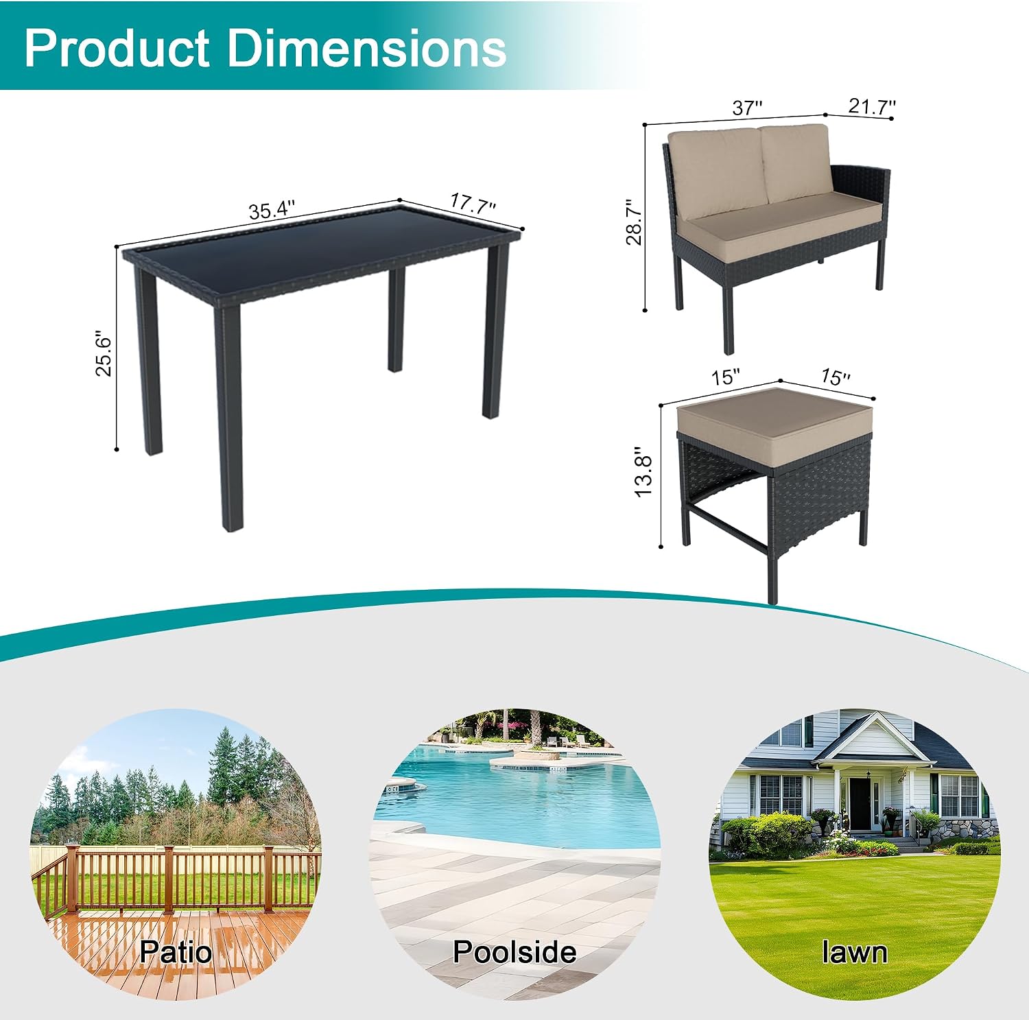 7 Pieces Patio Conversation Set, Outdoor Furniture Sectional with Throw Pillows and Anti-Slip Cushions, PE Rattan Sofa Set with Dining Table & Ottomans, Khaki
