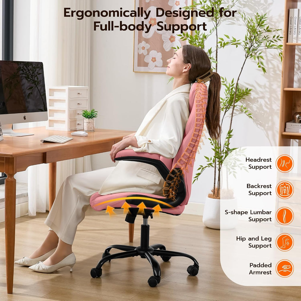 Ylzyxal Office Desk Chair, Ergonomic Computer Chair with Padded Flip-Up Arms and Adjustable Lumbar Support, PU Leather Executive Chair with Tilt Lock and 360° Swivel Rolling Wheels for Work, Study