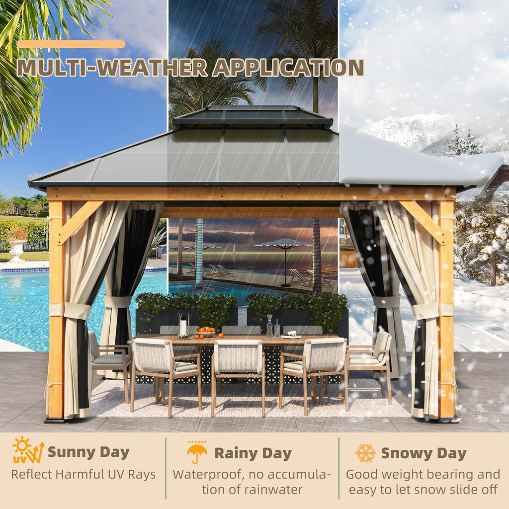 YOLENY 11'x13' Hardtop Gazebo, Wood Outdoor Gazebos with Polycarbonate Double Roof, Netting and Curtains for Decks, Backyards, Lawns and Garden