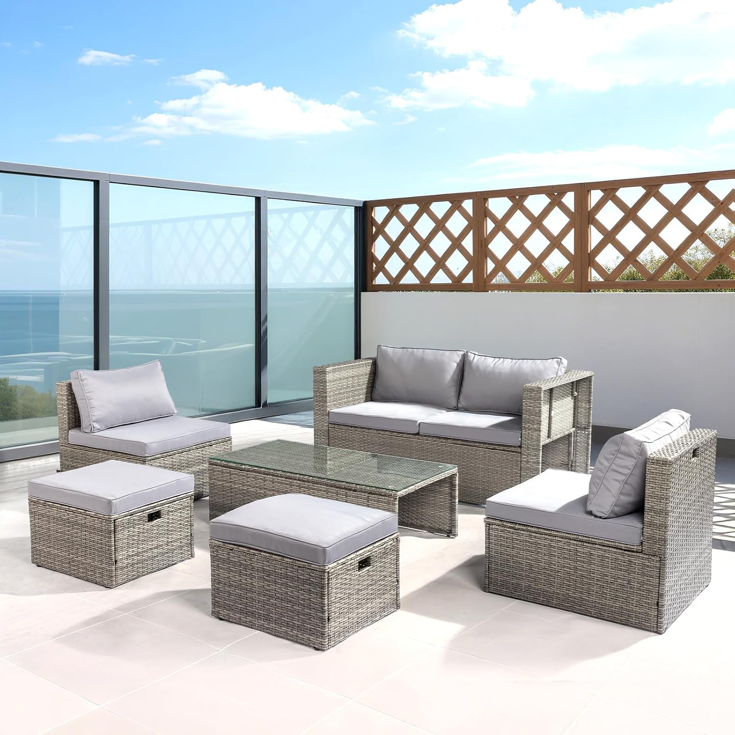 VINGLI 6 Pieces Wicker Patio Furniture Set, Outdoor Sectional Furniture Patio Conversation Set Space-Saving Design with Ottomans and Coffee Table for Garden,Poolside, Backyard(Grey)