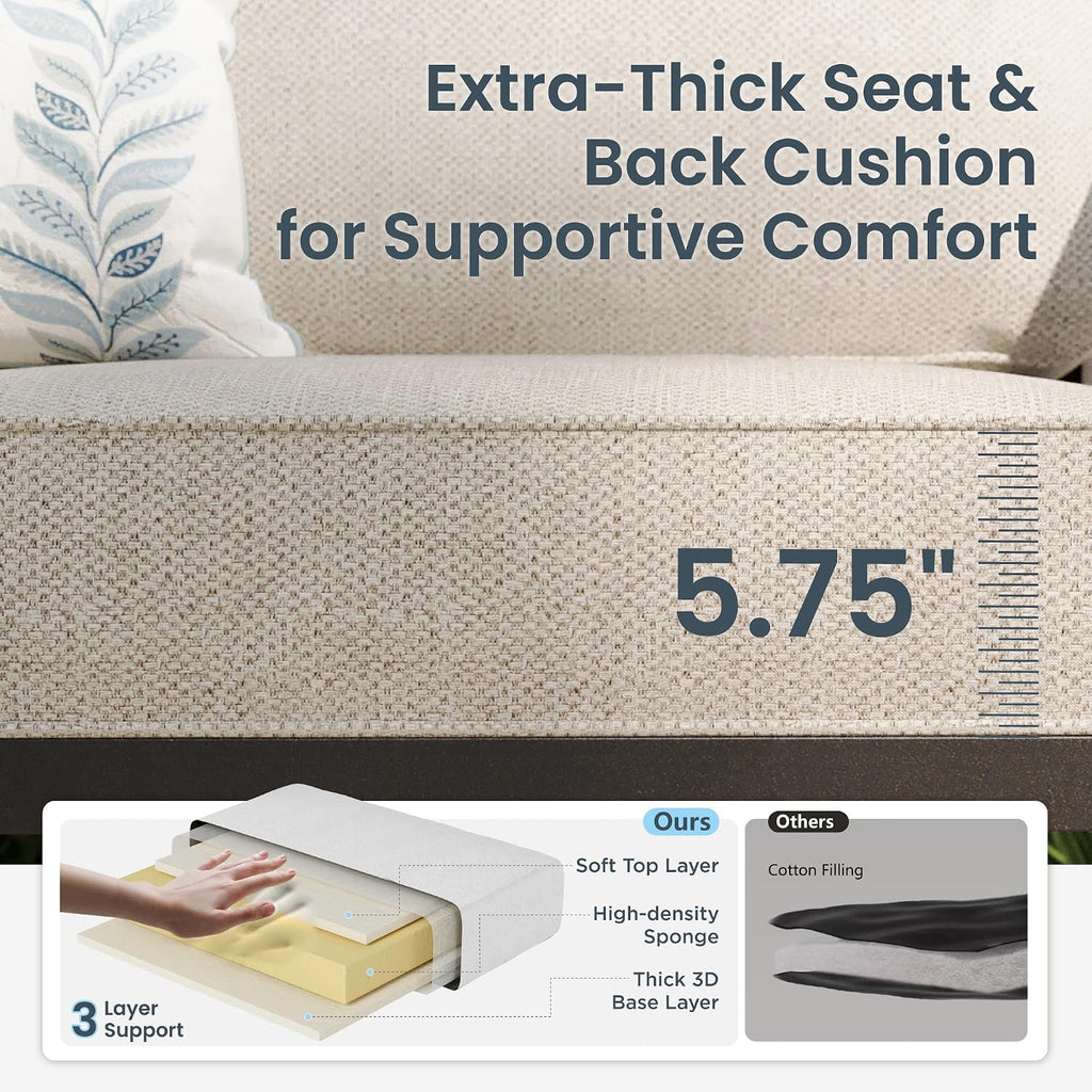 PHI VILLA 5 Pcs Patio Furniture Set with 1 x 72 Padded Deep Seating Bench Sofa, 2 x Cushioned C-Base Sofa Chairs and 2 x Metal Cushioned Ottoman, Outdoor Deluxe Furniture Patio Set for Backyard