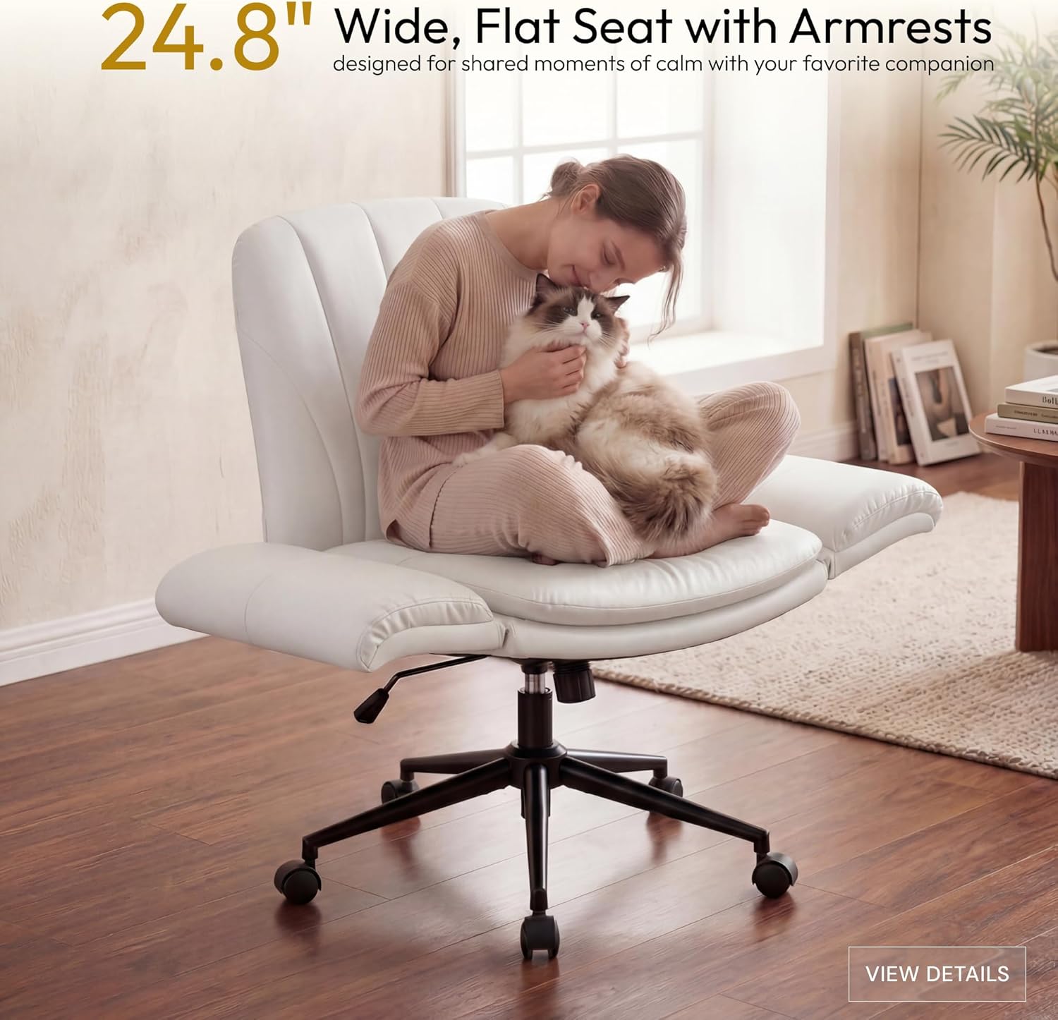Dowinx Criss Cross Chair with Five-Level Adjustable Arms and Wheels - Comfortable Ergonomic PU Leather Swivel Vanity Chair - Computer Makeup Gaming Chair for Home Office, Bedroom, Vanity Room (Beide)