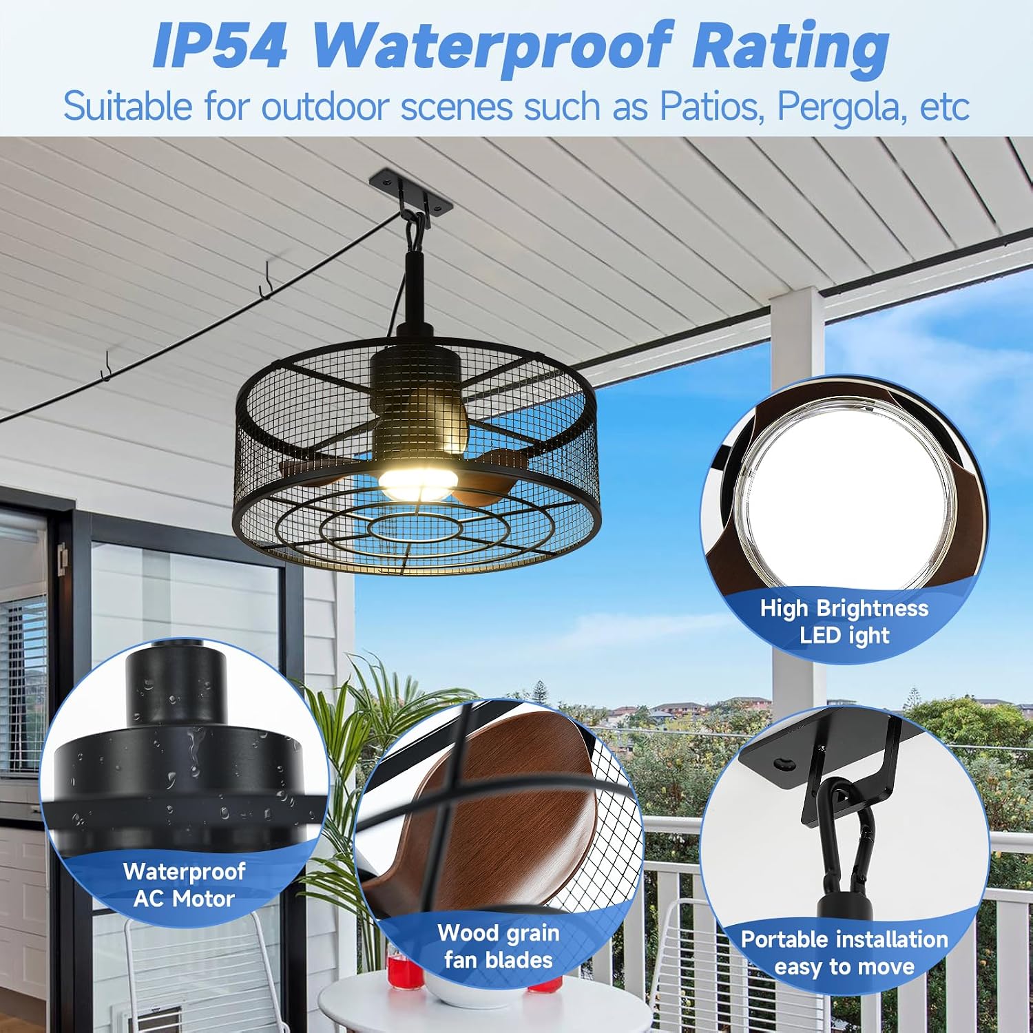 ZHENYANGL 18.11' Outdoor Ceiling Fan with Light and Remote LED Black Industrial Caged Ceiling Fan Light Fixture with Hook IP 54 Waterproof Plug in Fan Lights for Patios, Porch, Pergola, Canopy, Gazebo