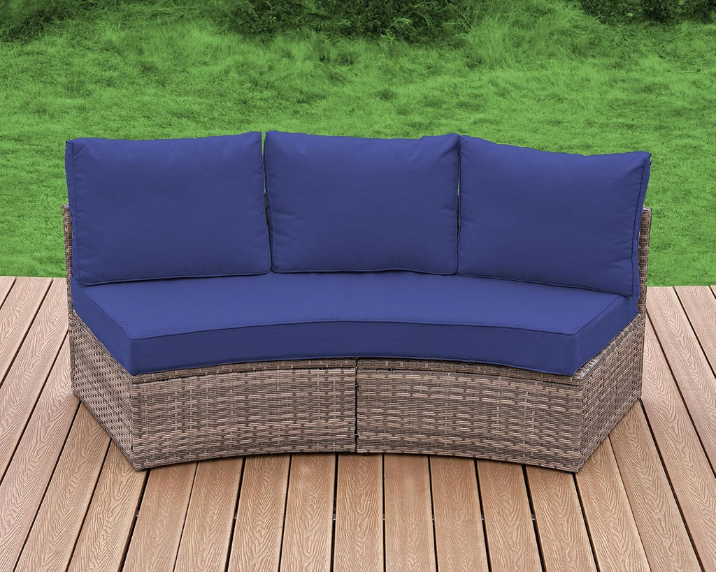 LUXOAK 3-Piece Wicker Patio Furniture Set, Waterproof Half-Moon Sectional Sofa with Cushions, Rattan Outdoor Conversation Set for Garden, Pool, Beach & Balcony, Blue