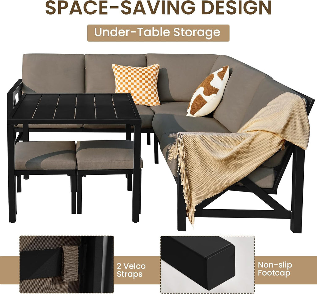 NATURAL EXPRESSIONS 8 Pieces Patio Furniture Sets,Metal Outdoor Sectional Couch L Shape Conversation Set,Highback Patio Sofa Set with Dining Table,2 Ottomans,Large Waterproof Cover, 6.5' Cushion Shale
