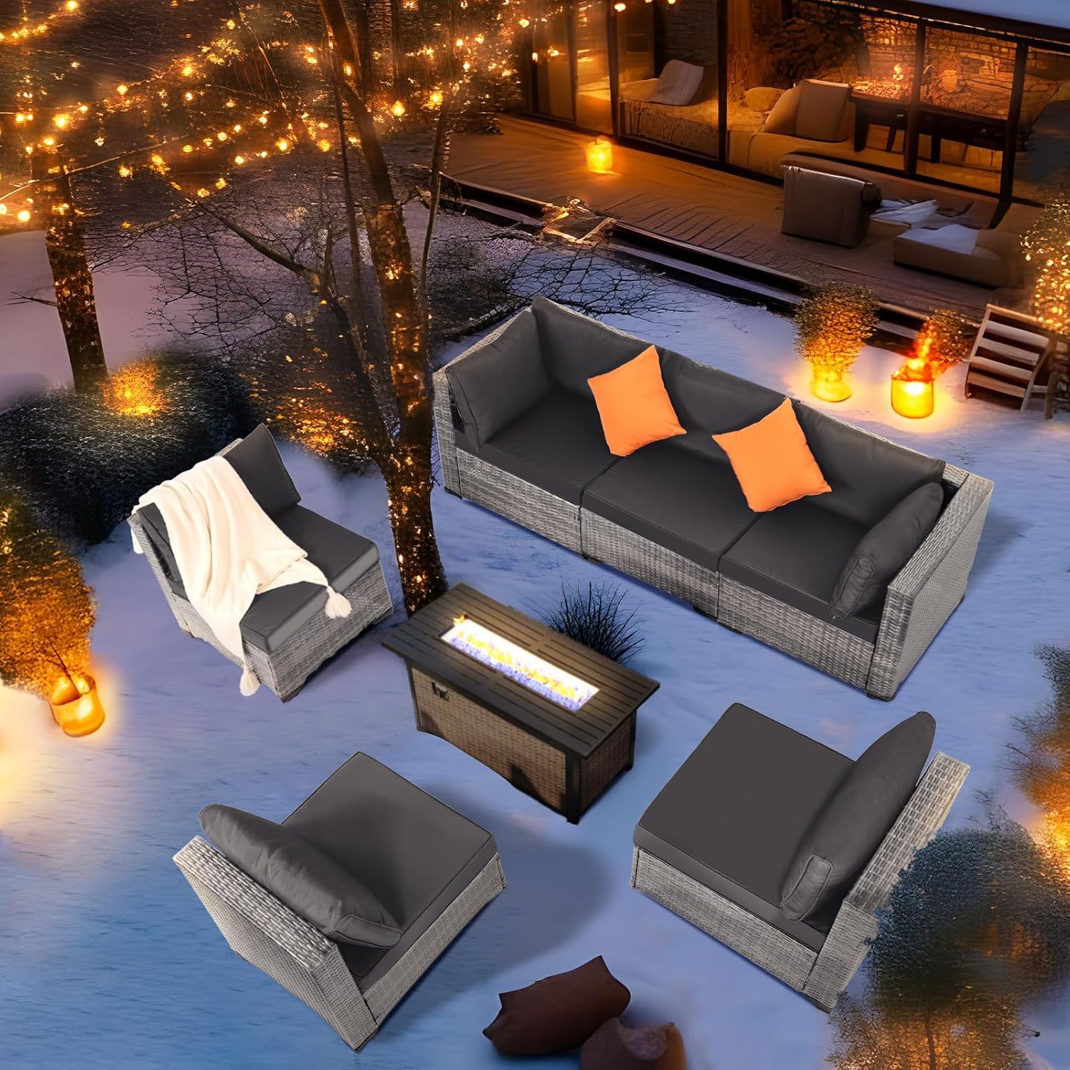 FHFO 7 Piece Outdoor Wicker Patio Furniture Set, Rattan Sectional Sofa Couch, Patio Conversation Set with Cushion & Coffee Table, for Backyard Poolside Porch Garden, Grey-Grey