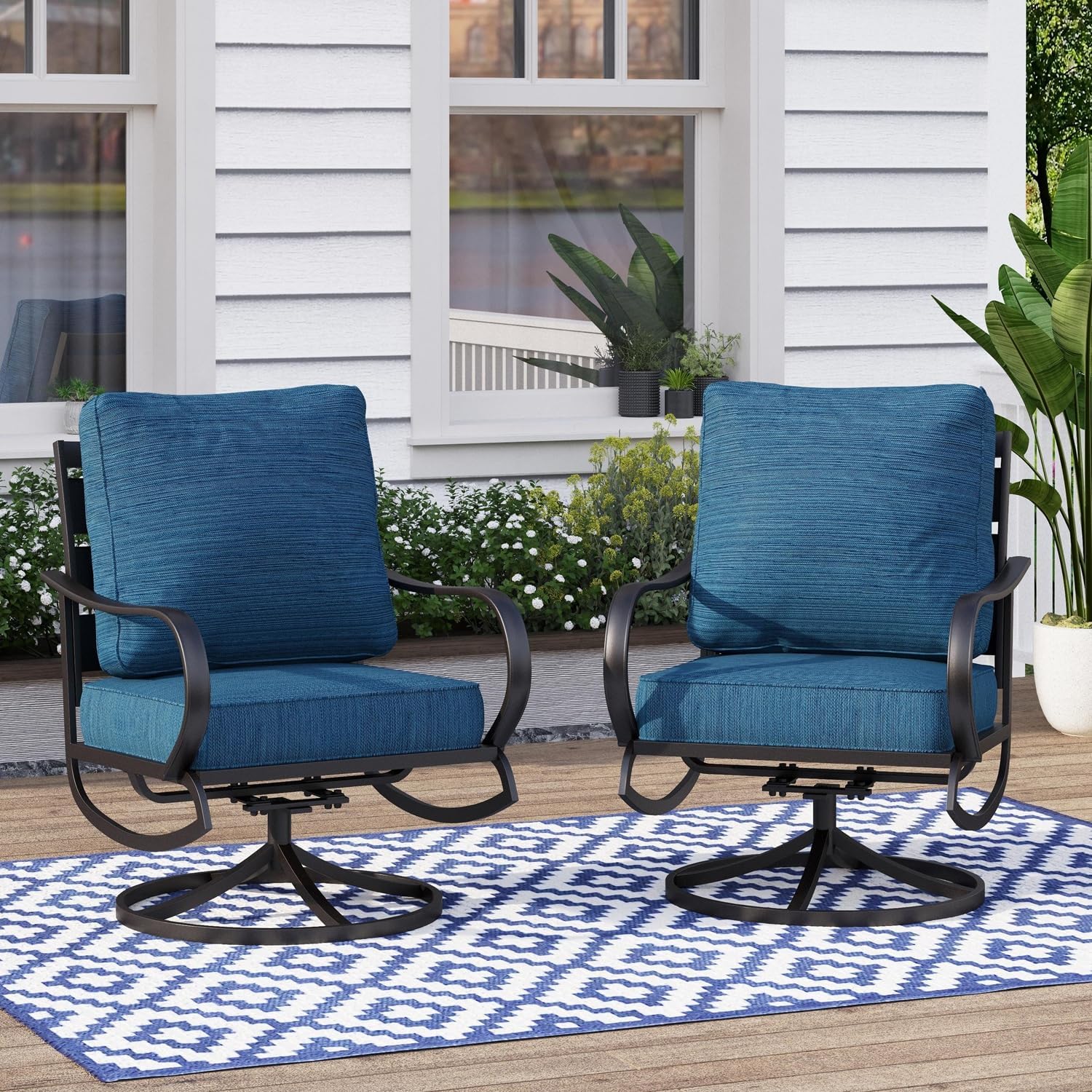 MFSTUDIO Metal Patio Conversation Sets, Outdoor Furniture Sofas Set of 2, 2 Pieces Durable Steel Frame Patio Swivel Chairs with 5.8' Peacock Blue Cushions for Patio Garden Backyard Balcony