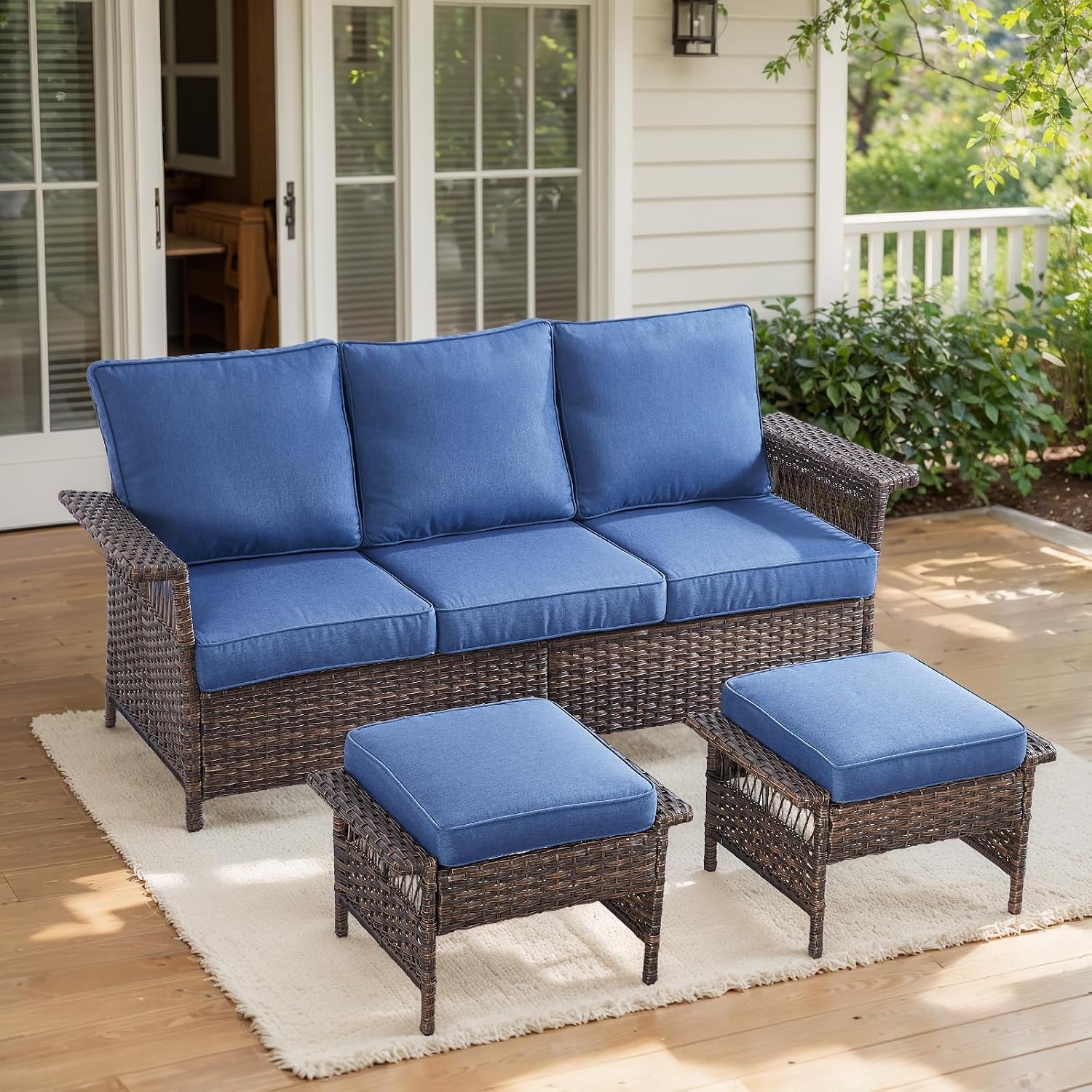 Patio Conversation Set: Wicker Sofa with 2 Rattan Ottomans, Blue Cushions, 3pcs for Patio, Garden, Balcony, Sunroom, Backyard, Deck, Poolside