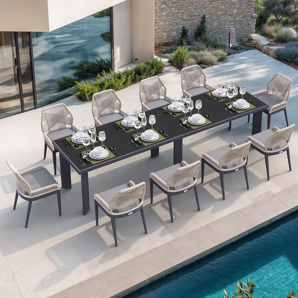 PURPLE LEAF 11 Pieces Patio Dining Set Aluminum Rectangular Table and Wicker Chairs with Cushions for Kitchen Porch Garden Modern Outdoor Furniture Sets, Dark Grey