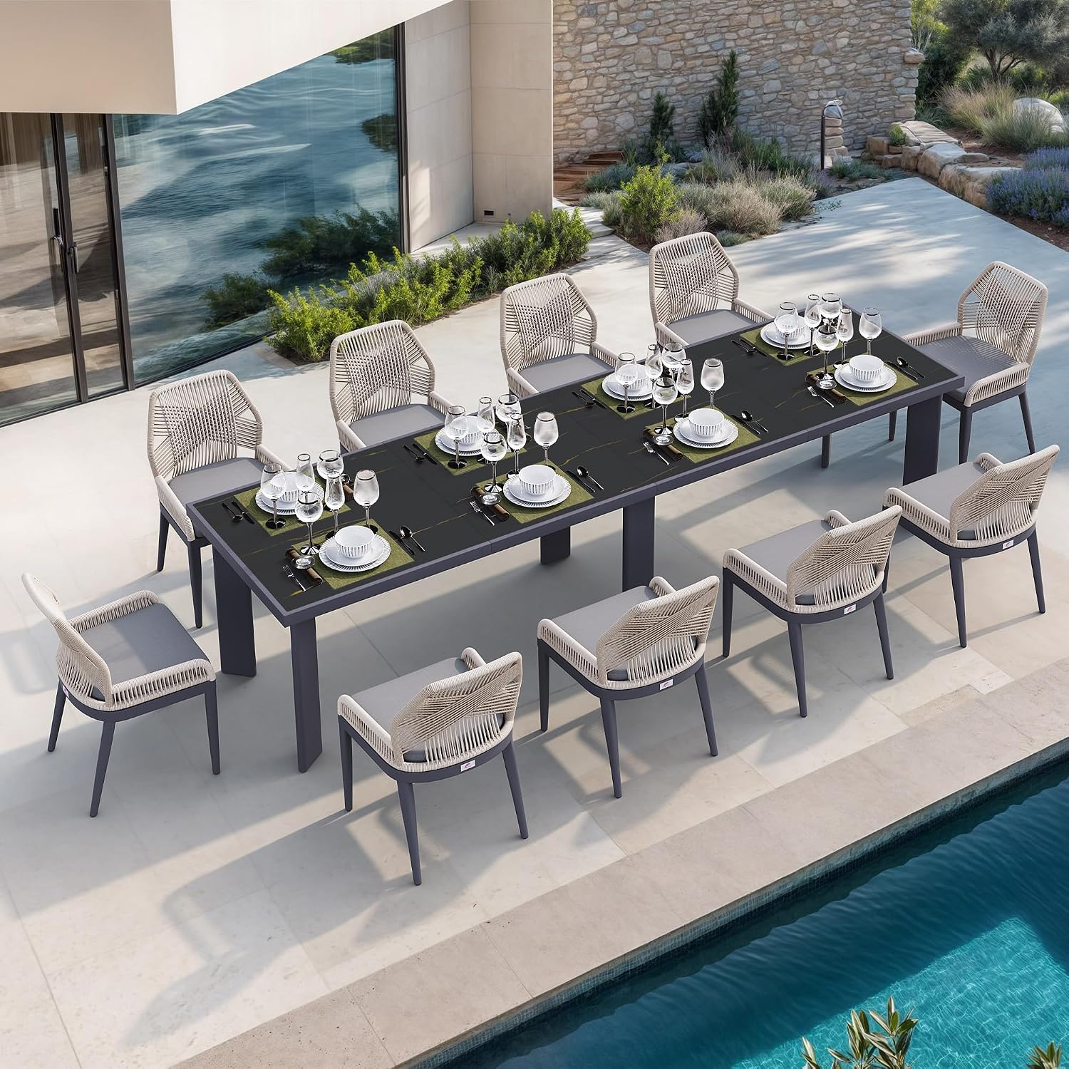 PURPLE LEAF 11 Pieces Patio Dining Set Aluminum Rectangular Table and Wicker Chairs with Cushions for Kitchen Porch Garden Modern Outdoor Furniture Sets, Dark Grey