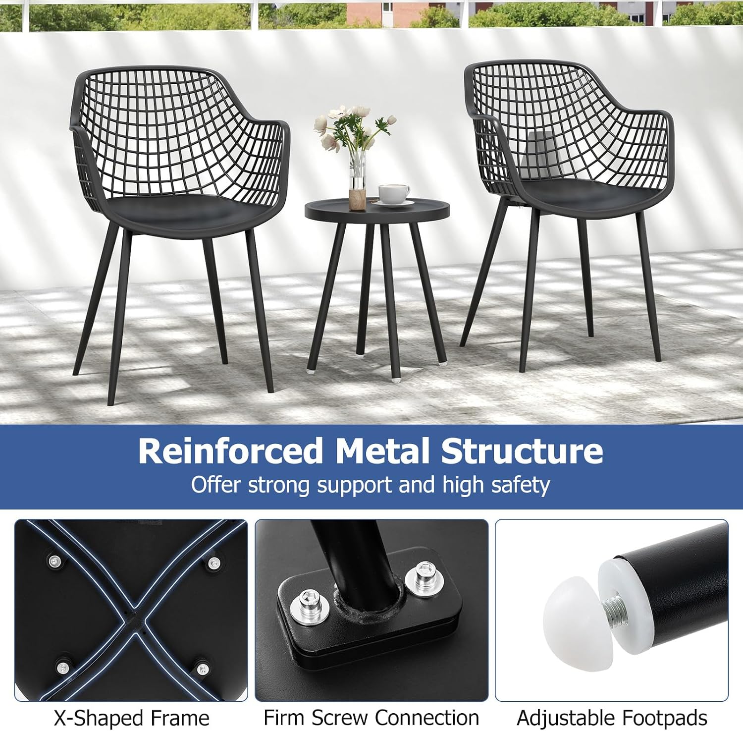Giantex 3 Piece Patio Furniture Set, Outdoor Bistro Table and Chairs Set of 2, PP Seat & Metal Legs, Small Conversation Set for Balcony Front Porch Deck Backyard Lawn (Black)