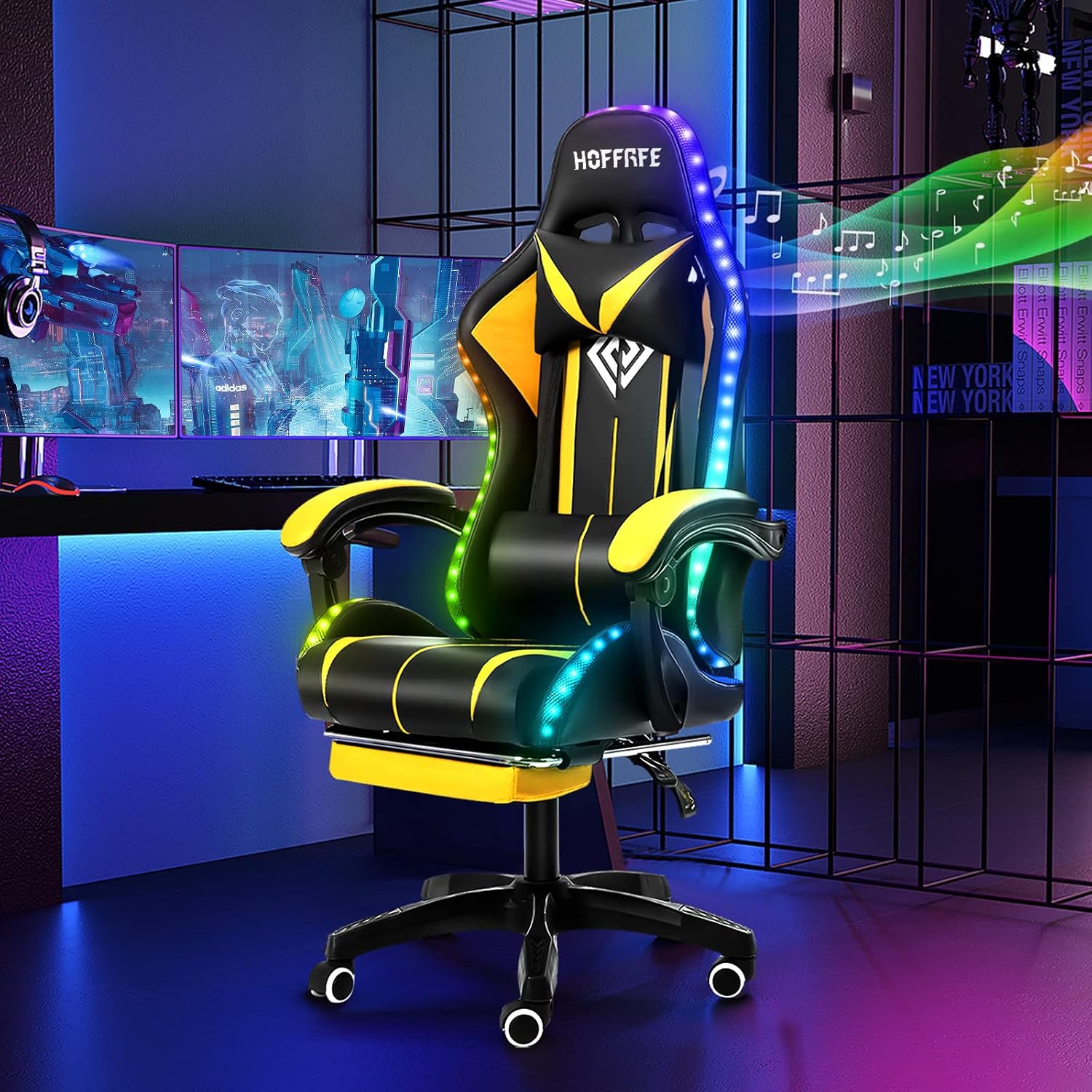 HOFFREE RGB Gaming Chair with Speakers Massage Computer Gaming Chair with LED Lights and Footrest High Back Video Game Chair for Adults Yellow and Black