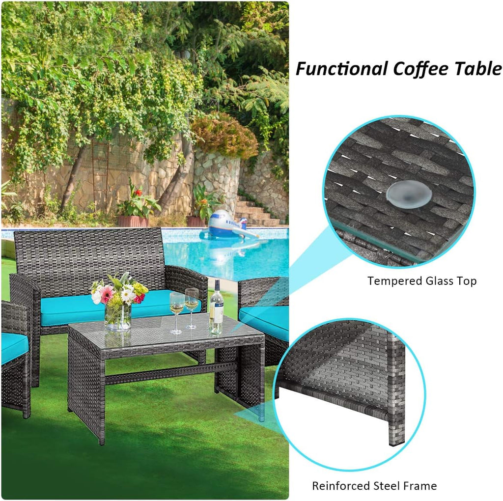 COSTWAY Patio Furniture Set 4 Pieces, Outdoor Wicker Chairs Sofa w/Coffee Table and Soft Cushions, Rattan Conversation Sets for Patio Lawn Backyard Yard Pool Garden, Turquoise