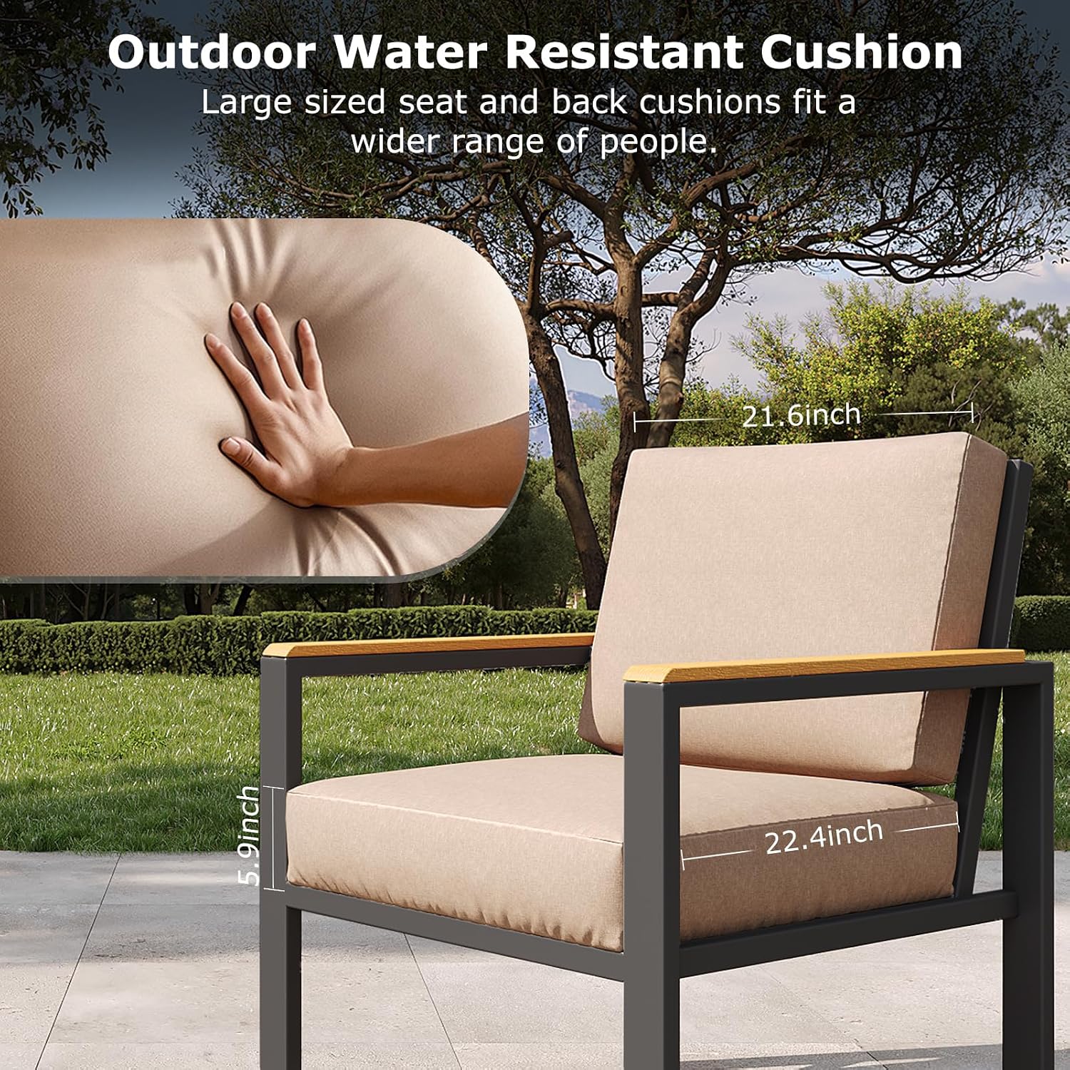 4-Piece Outdoor Patio Furniture Set, Metal Conversation Sofa Set with Deep Cushions & Wood-Like Armrests, Modern Patio Seating with Coffee Table for Garden, Porch, Balcony, Backyard (Brown)