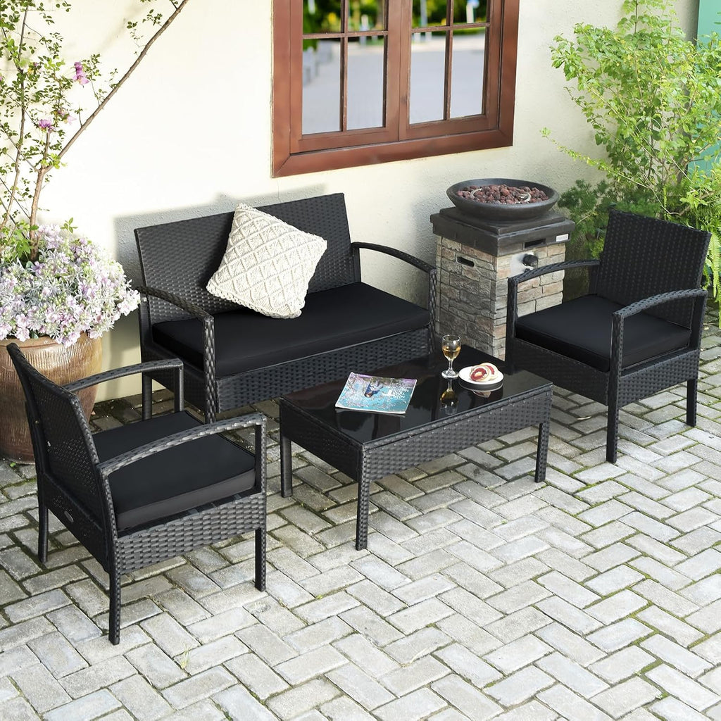 Tangkula 8 Pieces Wicker Patio Conversation Furniture Set, Outdoor Rattan Chair and Table Set, Patio Furniture Sets with Coffee Table & Washable Cushions for Courtyard Balcony Garden