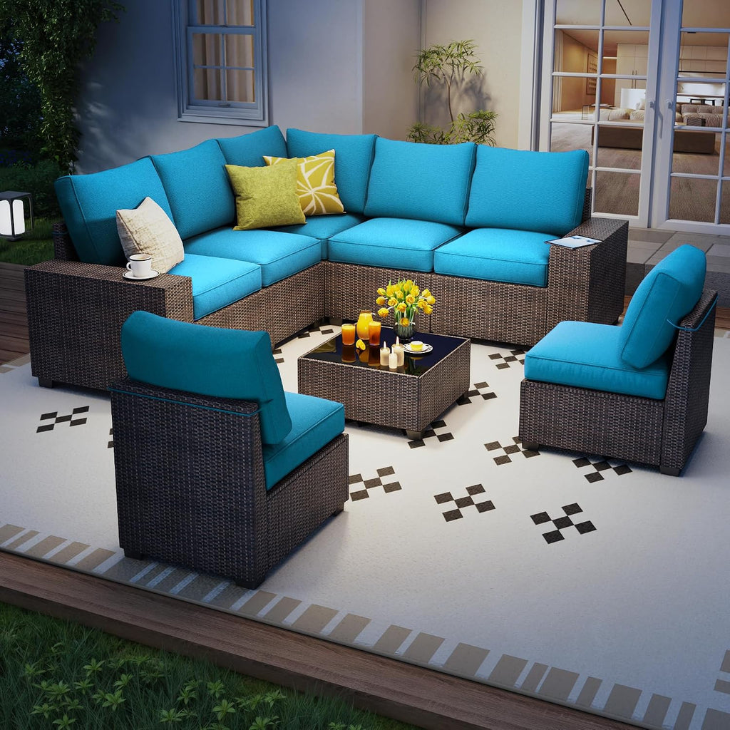 olimix 8 Piece Outdoor Patio Furniture Set, Outdoor Sectional Furniture, Rattan & Wicker Modern Modular Conversation Set Sofa Couch W/Water Resistant Washable Thick Cushions, Brown/Peacockblue