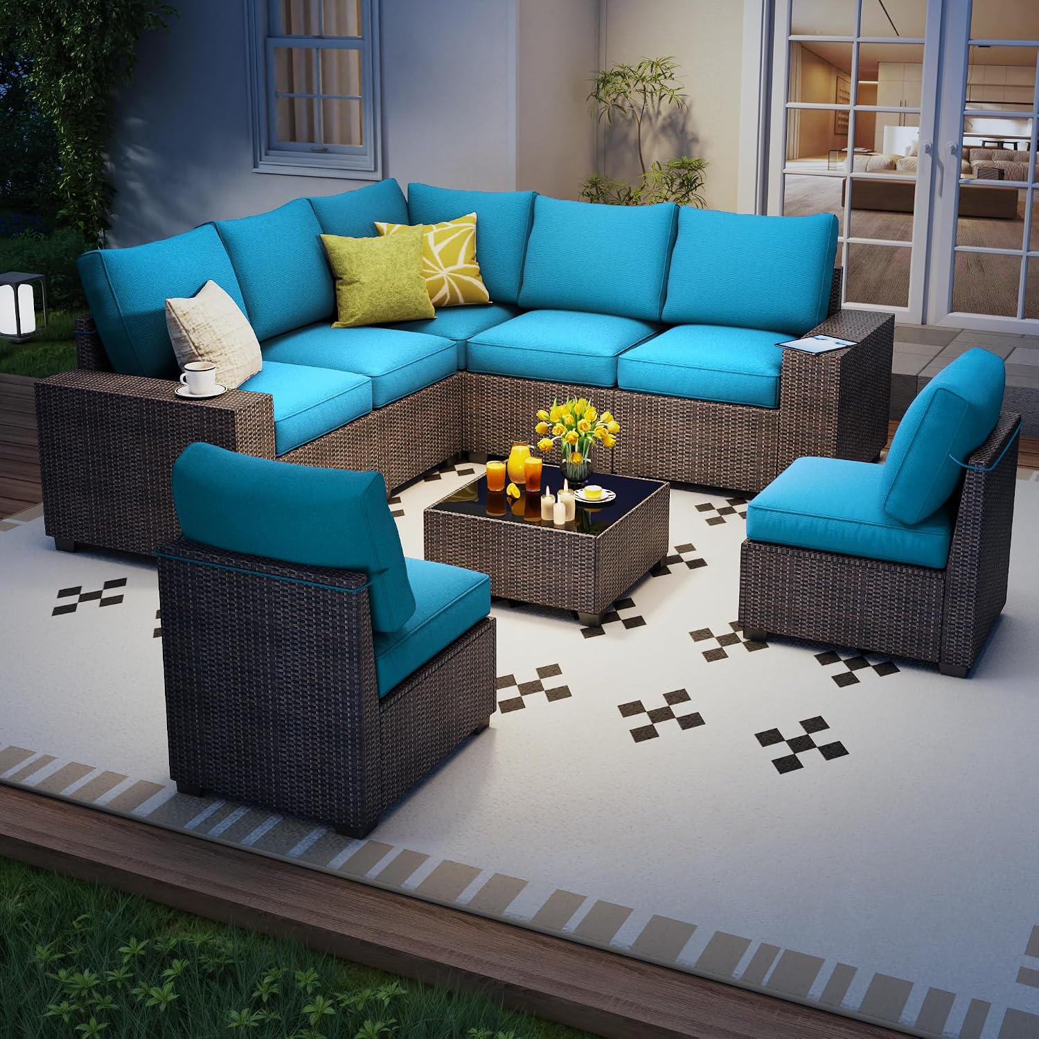 olimix 8 Piece Outdoor Patio Furniture Set, Outdoor Sectional Furniture, Rattan & Wicker Modern Modular Conversation Set Sofa Couch W/Water Resistant Washable Thick Cushions, Brown/Peacockblue