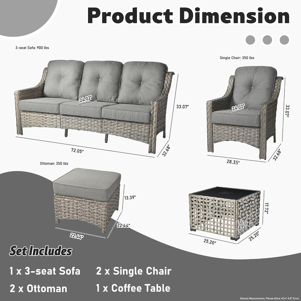 ovios 6 Piece Outdoor Patio Furniture with 3 Seat Sofa,Rattan Wicker Coversation Set with High Back,Sectional Single Sofa with Ottoman for Outside Porch Balcony Backyard Pool, Dark Grey