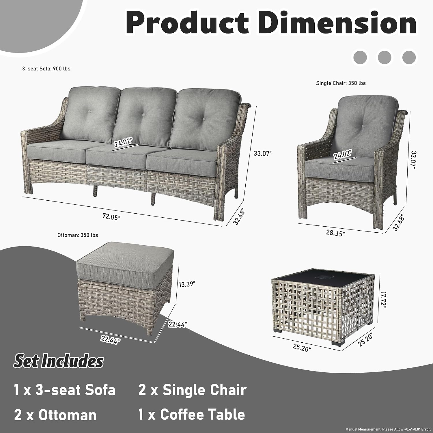 ovios 6 Piece Outdoor Patio Furniture with 3 Seat Sofa,Rattan Wicker Coversation Set with High Back,Sectional Single Sofa with Ottoman for Outside Porch Balcony Backyard Pool, Dark Grey