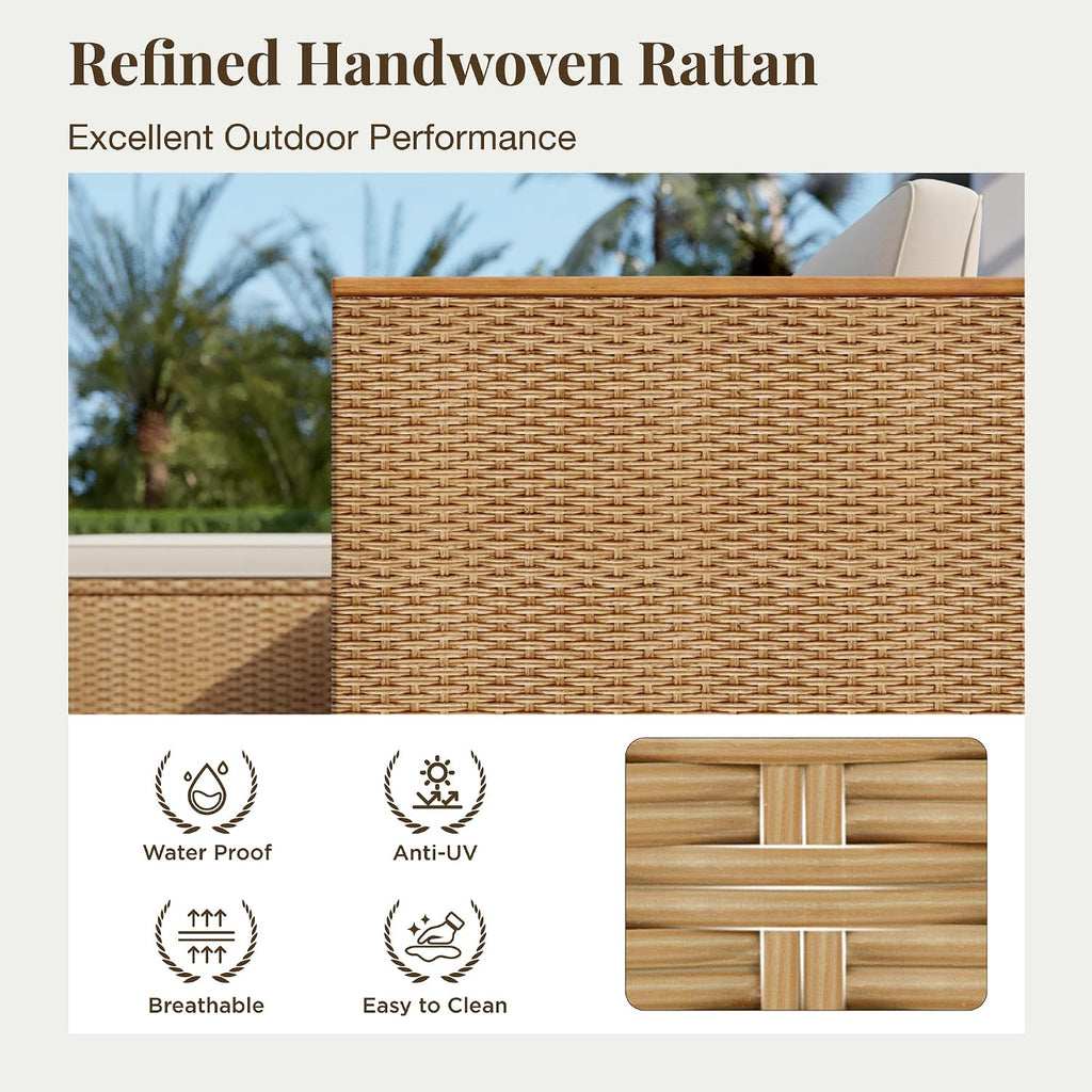 MIXPATIO Wicker Outdoor Patio Furniture Set 3 Pieces Patio Chaise Longue Conversation Set, Rattan L-Shaped Sofa Couch with Acacia Wood Coffee Table for Deck Porch and Garden