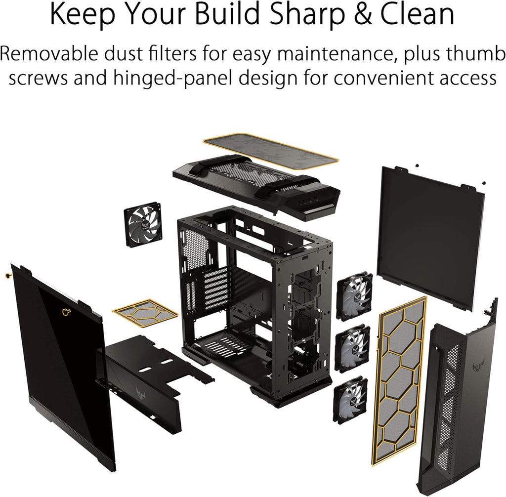 ASUS TUF Gaming GT501 Mid-Tower Gaming Case, EATX Support, Pre-Installed 4 Case Fans, USB 3.0 Front Panel, Smoked Tempered Glass, Steel Construction