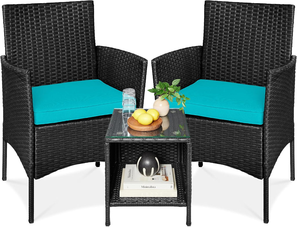 Best Choice Products 3-Piece Outdoor Wicker Conversation Bistro Set, Space Saving Patio Furniture for Garden w/Side Table - Black/Teal