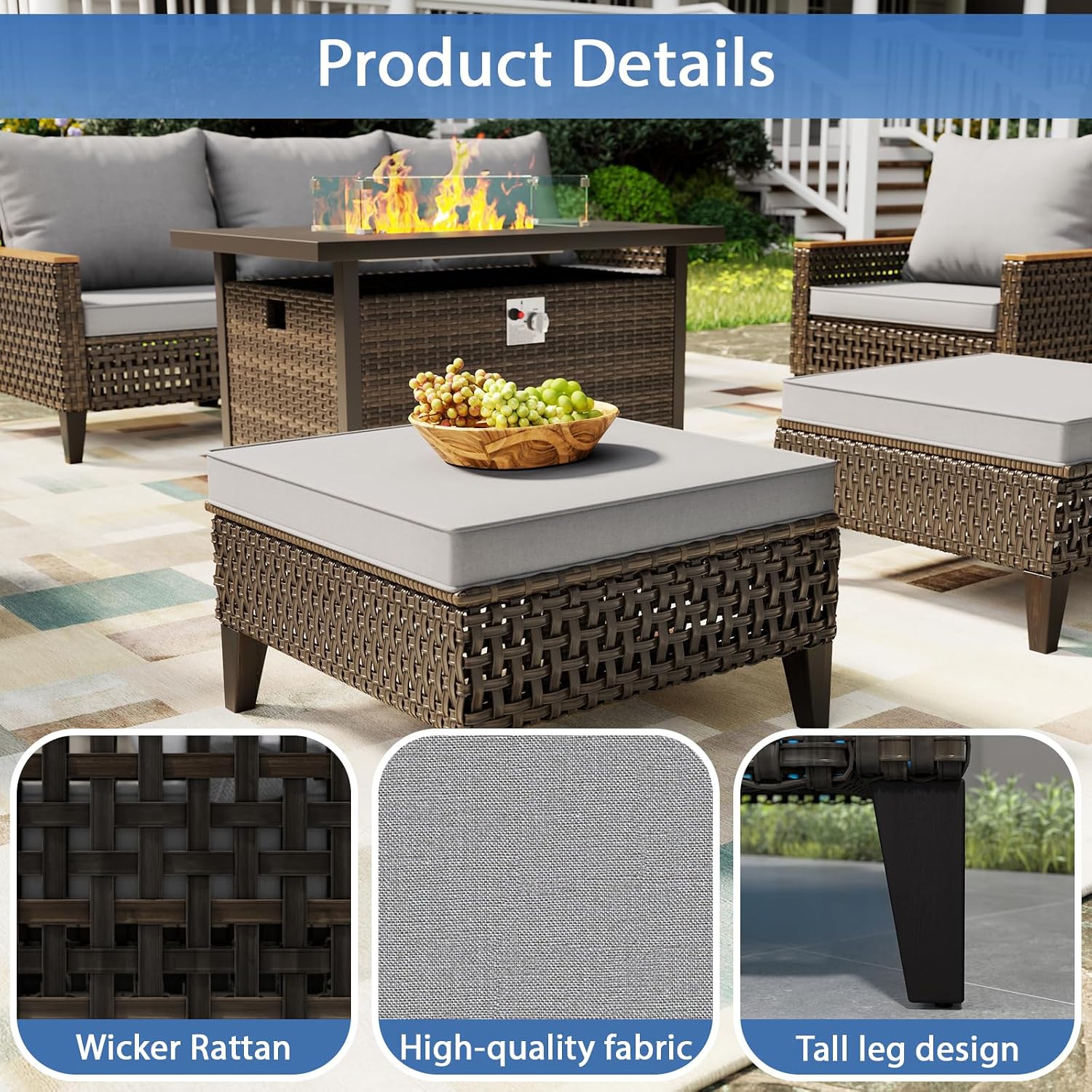 8Piece Patio Furniture Set with 50000 BTU Propane Fire Pit Table, All-Weather Wicker Rattan Outdoor Sectional Sofa Set with High Back and Thick Cushions for Garden, Porch, Poolside, Grey