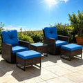 AVAWING 5 PCS Patio Swivel Rocking Chairs Set with Ottoman, Outdoor Wicker Furniture with Rattan Side Table, 360° Swivel Chairs for Garden, Porch, Backyard, Blue/Brown Wicker